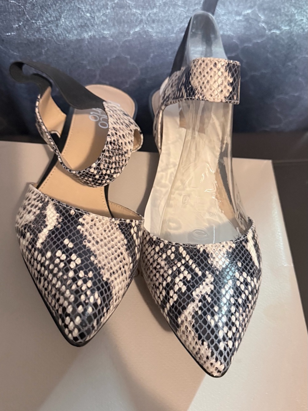 Franco Sarto Black and White Snake-Print Pointed Slingbacks